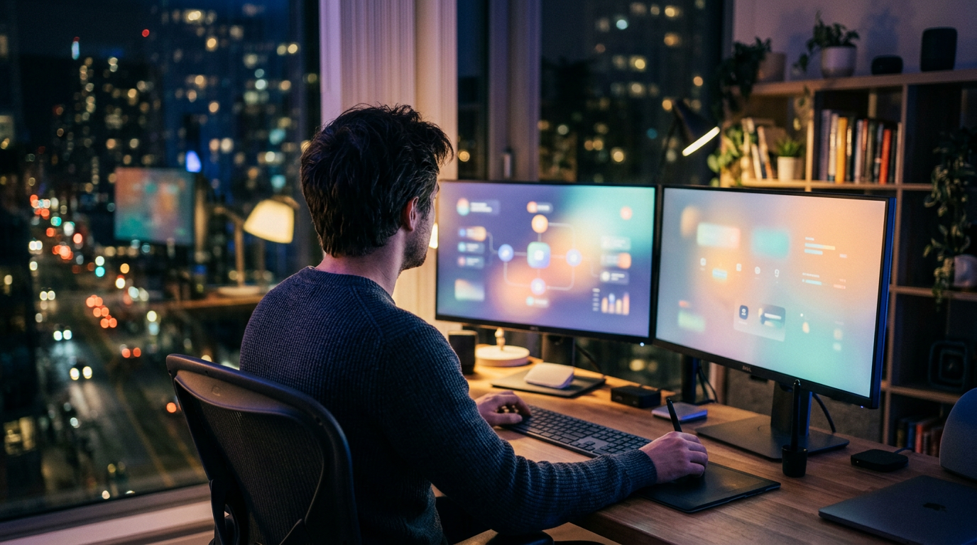 Freelancer trabajando de noche con monitores e interfaces abstractas