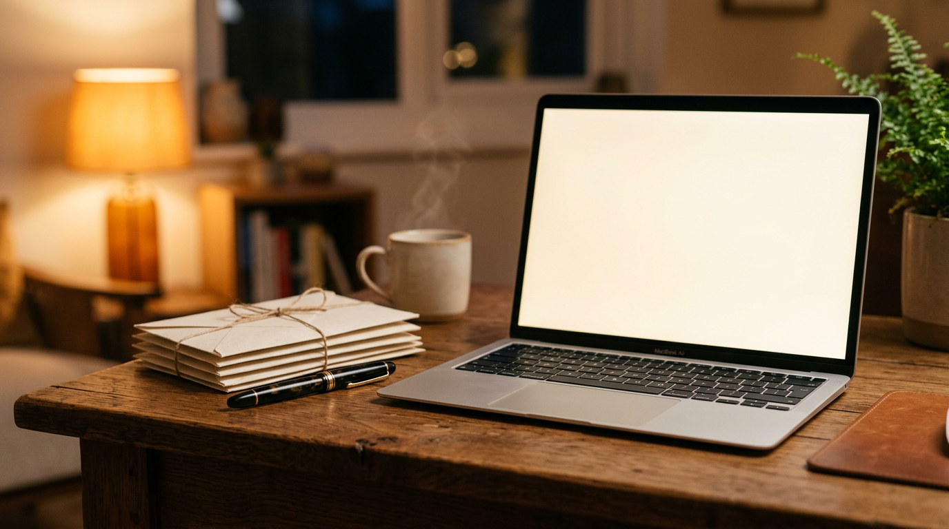 Escritorio cálido con portátil y sobres para email marketing